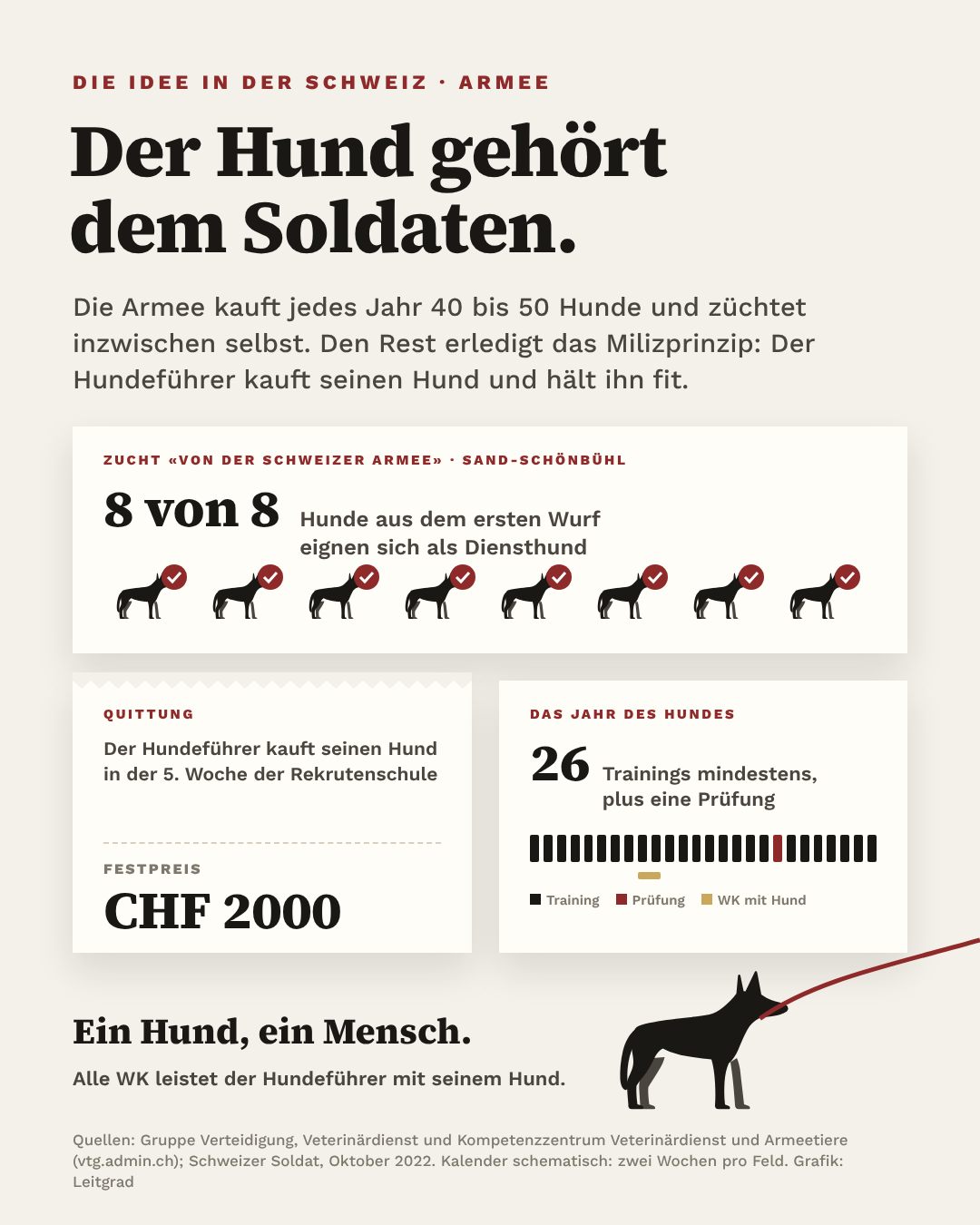 Die Schweizer Armee züchtet selbst, der Hund gehört dem Soldaten.